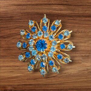 vintage Coro Cosmic Starburst Brooch Pin  Blue‎  Clear Rhinestones 2"